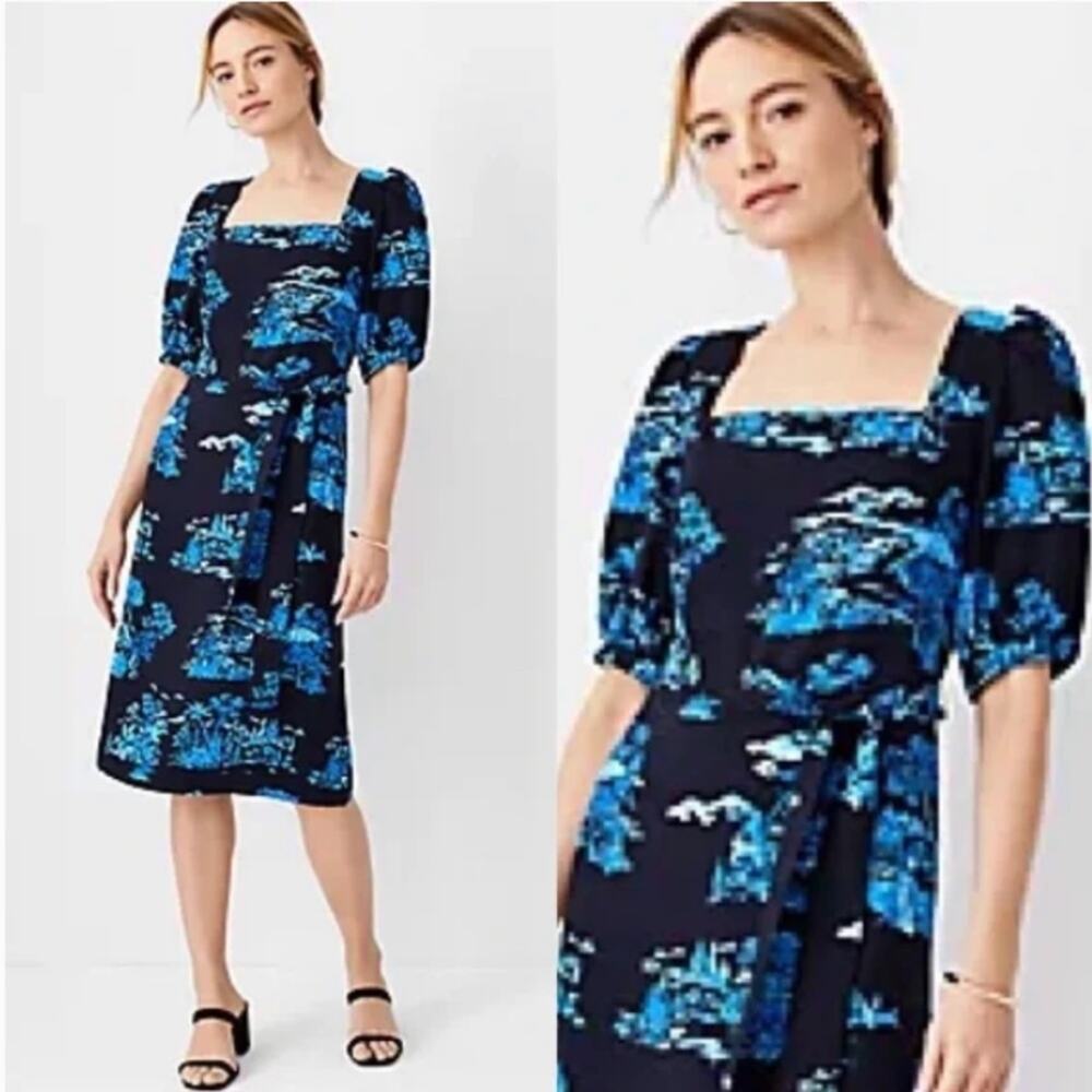 NWT Ann Taylor Floral Toile Square Neck  midi dress black blue French  wedding